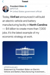 Nhà Trắng ra thông báo, Tổng thống Biden đăng tweet Vinfast xây nhà máy sản xuất xe điện ở Mỹ