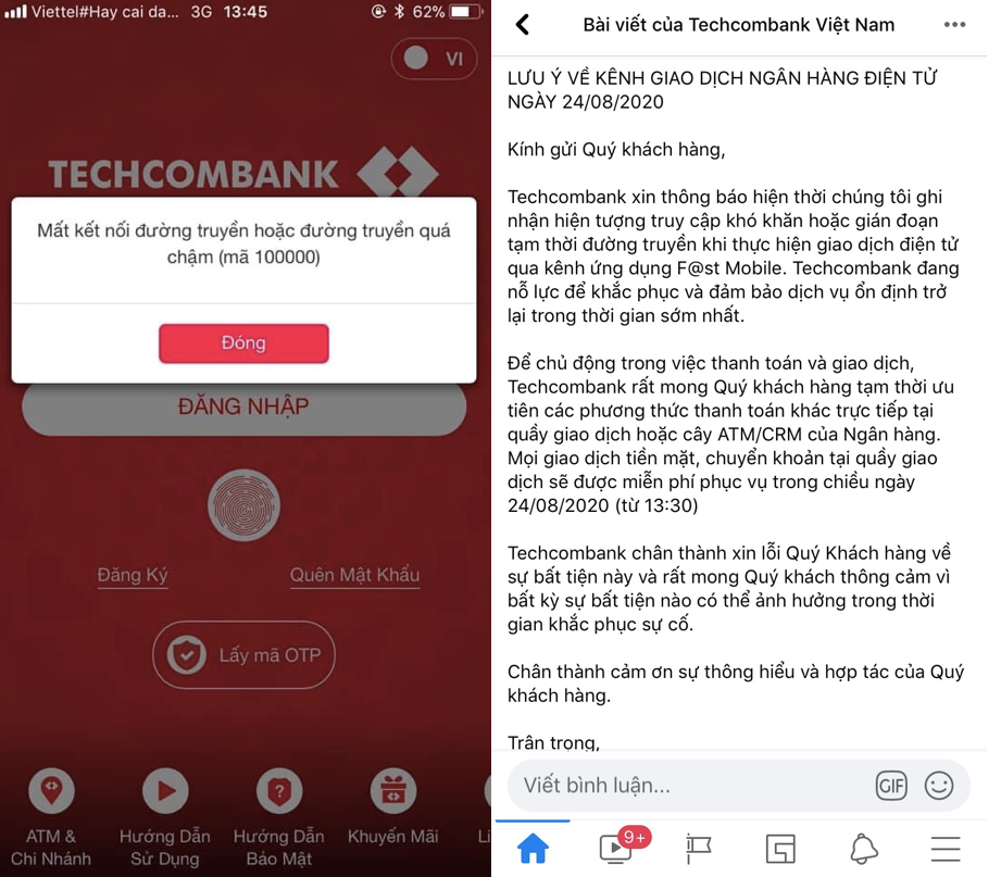 Techcombank gặp lỗi “mất kết nối” khi giao dịch điện tử